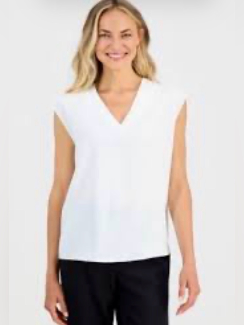 New York & Company White V-Neck Cap Sleeve Blouse